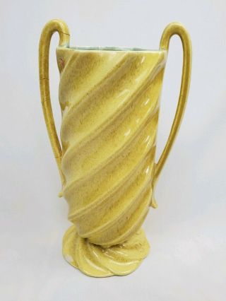Vintage Red Wing Art Pottery,  Speckled Yellow Blue Swirl Handled Vase 2
