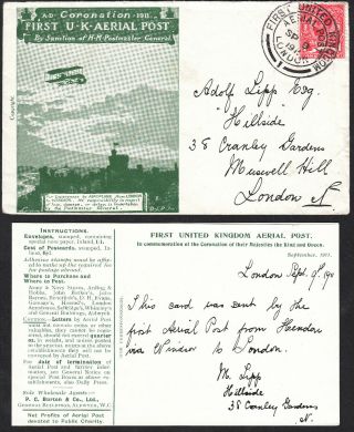 1911 First Uk Aerial Post Green Envelope,  Insert Sp 9 London Shs; Kgv 1d Red