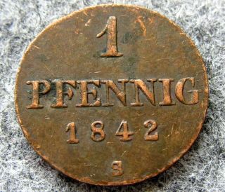 German States Kingdom Of Hannover Ernst August 1842 S 1 Pfennig,  Copper
