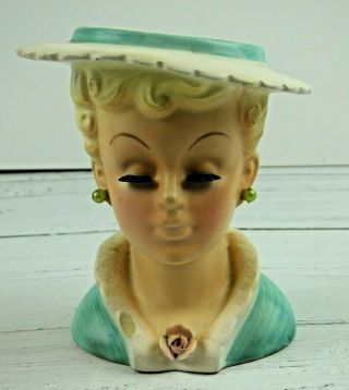 Vintage Glamour Girl/lady Head Vase Blonde Hair,  Blue/white,  Pink Flower