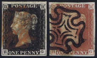 1840 1d Black Pl 5 Hg 4m Fine Matched In Red With London Mx Cat.  £575.  00.