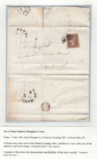 1841 Sg7 1d Red Brown - Black Plate 1b On Very Rare Early Isle Of Man Cover (kb)