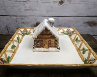 Log Cabin In The Snow Chip & Dip Set Rustic Home Decor Christmas Mk12