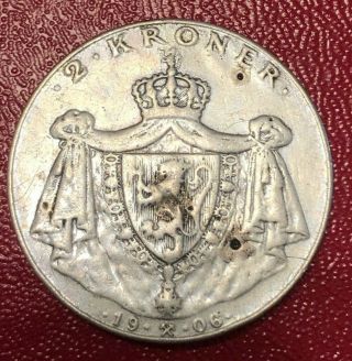 1906 Norway 2 Kroner Silver World Coin - Low Mintage Only " 100,  000 "