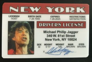 Mick Jagger Drivers License The Rolling Stones Novelty Id Card Rock York Ny