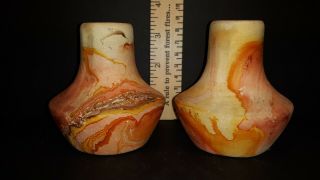 2 Nemadji Sunburst Swirl Pottery Vases / Candle Holders 3 1/2in By 3in