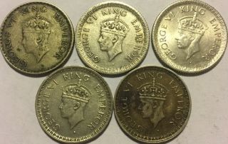 5 India Silver 1/4 Quarter Rupee Coin 1940 1942 1943 1944 1945 King George Vi L6