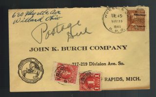 1941 Wheeler Oh Usa Advertising Cover To Grand Rapids Postage Due