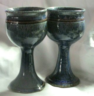 2 Artist Signed Mottled Blue Stoneware Studio Pottery Chalice Goblets