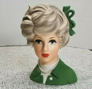 Vintage Napcoware Napco Gray Hair Eye Lady Head Vase Green Dress Bow Pearls