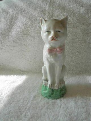 Staffordshire? Antique Vintage White Cat Figurine With Pink Bow 5 "