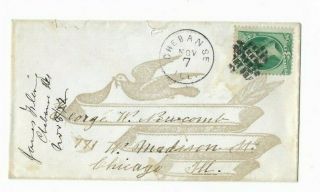 1872 Ladies Postal Cover,  Dove,  Scroll,  Chebanse To Chicago,  Grid Fancy Cancel