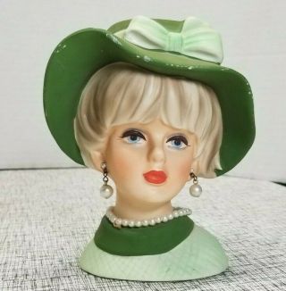 Vintage Napcoware Napco Green Dress Hat Blue Eye Lady Head Vase Pearls