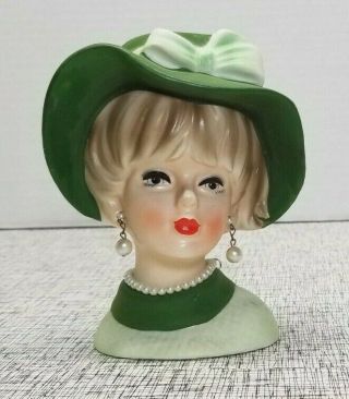 Vintage Napco Napcoware Green Dress Hat Lady Head Vase Pearls