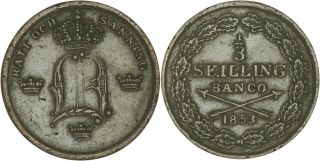 Sweden: 1/3 Skilling Copper 1853 (key Date) Vf