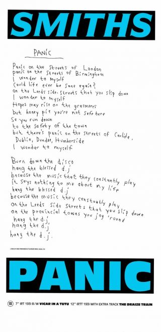 The Smiths Panic Laminated Mini A4 Poster Print Morrisey Lyric