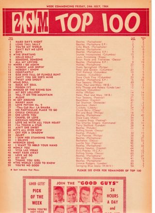 2sm 71 National Top 100 Music Chart Jul 24 1964 Del Shannon Beatles Australia