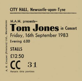 Tom Jones Concert Coaster Newcastle City Hall September 1983 Quality Coaster
