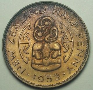 1953 Zealand Half Penny Bu Unc Color Toned Coin