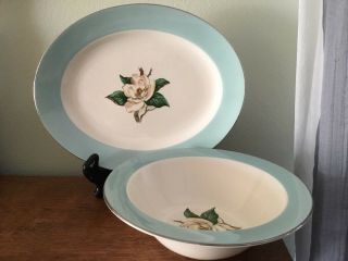 2 Homer Laughlin Lifetime China Turquoise Magnolia Usa - Rnd & Oval Serving Bowl