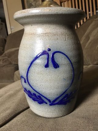 Vintage Salt Glazed Stoneware Cobalt Decorated Crock Jug / Lamp Utensil Crock