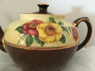 Vintage Sadler 4409 Mm Brown And Yellow Floral With Gold Trim Teapot