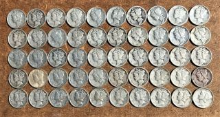 Mercury Dimes,  One Roll Of 50 Coins,  Mixed 1930s And 1940s Dates,  90 Silver.