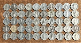 Mercury dimes,  one roll of 50 coins,  mixed 1930s and 1940s dates,  90 silver. 2