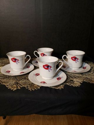 Daurice Red Hat Society Tea Cup And Saucer Gold Trim Set Of 4