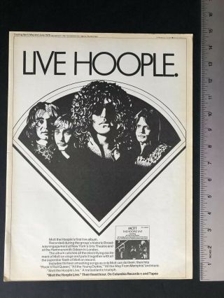 Mott The Hoople 1974 11x14” “live” Album Release Recorded In Ny Ad