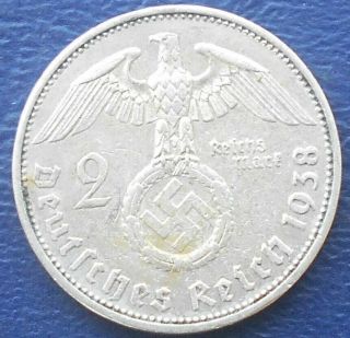 Silver 1938 A Germany 3rd Reich 2 Reichsmark Hindenburg Nazi Swastika Fr 23