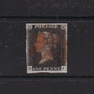 Gb Great Britain 1840 Penny Black 4 Margins Lettered M - J