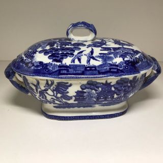 Vintage England Blue Willow Covered Gravy Boat Sauce Dish W/ Lid
