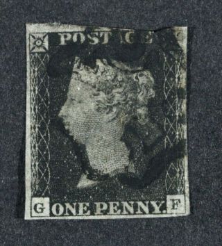 Qv 1840 1d.  Black,  4 Margin Example,  With A Maltese Cross In Black Ink.