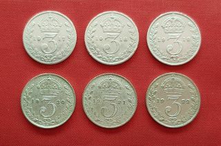 Great Britain 6 Set Silver Coins,  3 / Threepence,  1917,  1918,  1919,  1920,  1921,  1922