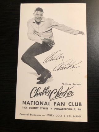 Chubby Checker National Fan Club Card Parkway Records 1405 Locust Ave Phila.  Pa