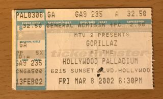 2002 Gorillaz Hollywood Palladium Concert Ticket Stub Phase One Tour Demon Days