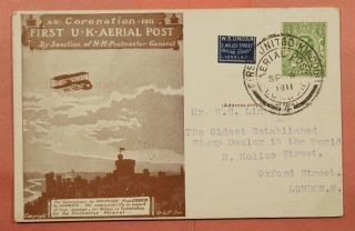 1911 Great Britain First Flight Uk Aerial Post London Postcard Cachet