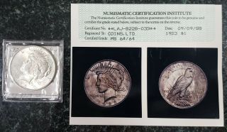 Numismatic Certification Institute Photo Certificate 1923 Peace Dollar.  Nci