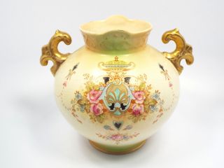 Antique Crown Devon Blush Ivory Hand Painted Rose Floral Handled Urn Vase,  7 "