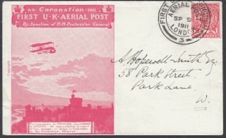 1911 First Uk Aerial Post Red Envelope,  Insert Sp 9 London Shs; Kgv 1d Red