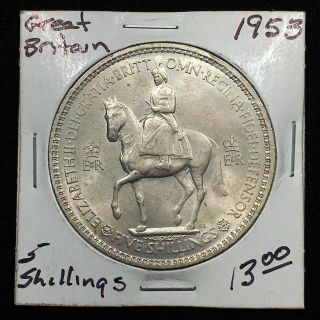 1953 Great Britain 5 Shillings Coin,  Coronation Of Queen Elizabeth Ii,  Km 894