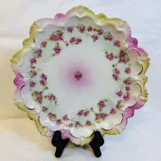 Mz Austria Oyster Plate Dish With Cabbage Roses Scalloped Edges 8 7/8 "