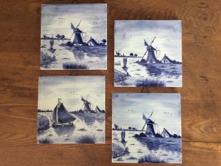4 Boma Delft’s Blauw Blue 4” Tiles Windmill Ship Water Landscape Holland