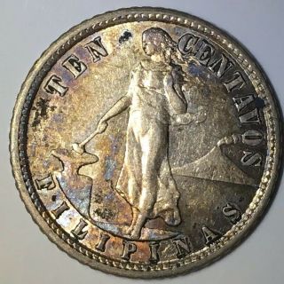 1907 - S Philippines Silver 10 Centavos Bu Toned