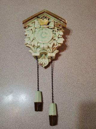 Vintage Mccoy Pottery Cuckoo Clock Wall Pocket Planter Brown And Green Bird
