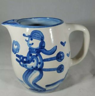 Vintage M.  A.  Hadley Art Pottery Country Skier Pitcher Jug - 5 " - Blue - The End - 24 Oz