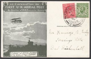 1911 First Uk Aerial Post Postcard Kevii 1d,  Kgv 1/2 Mixed Franking; London Shs