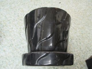 Vintage Black Ohio Pottery Flower Pot With Attached Saucer Swirls 55 - 7