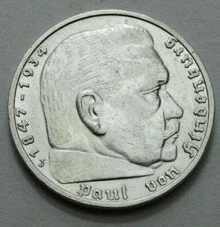 1935 - J German 5 Mark Reichsmark Silver Coin Eagle Hindenburg Third Reich Ww2 Unc